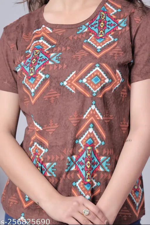 100% COTTON BROWN PRINTED T-SHIRT FOR WOMEN AND GIRLS