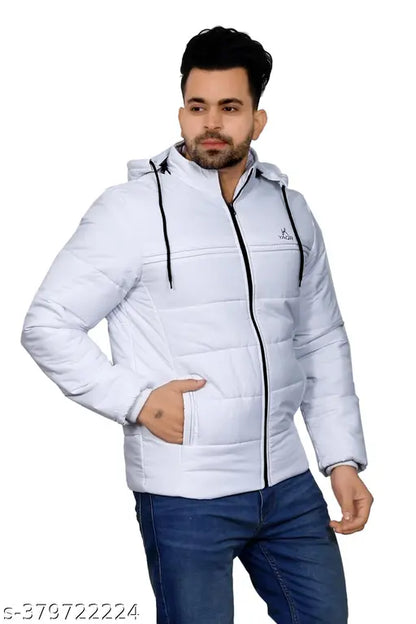 YAQR Men's Solid Olive Color Jackets Men Quilted Jackets Men's Hooded Jacket's White Safed