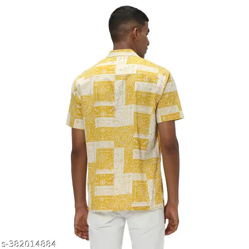 Mufti Men's Floral Slim Spread Collar Yellow Shirts