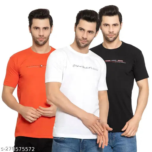 Zeffit Men's Printed Round Orange Tshirts Pack 3