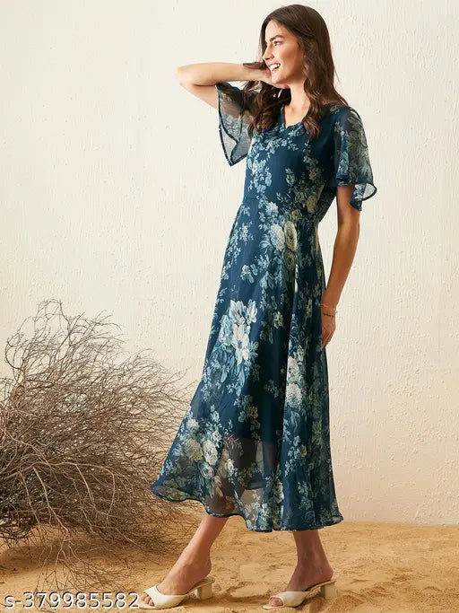 Rare Women Casual Teal Blue Colour Maxi Floral Dress