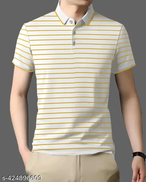 GARBLY Yellow colorblocked striped polo neck regular fit half sleeves tshirt