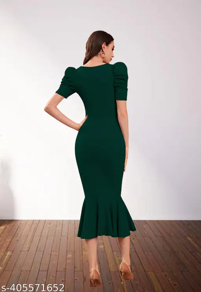 Women & Girl's Puff Sleeve Notch Neck Midi Bodycon Dress