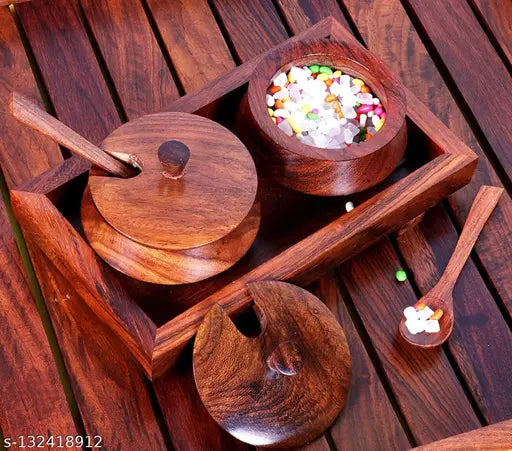 SwuD Enterprises Wooden Mukhwas Container | Masala Box | Spice Rack | Spice Storage Jars | Condiment Mukhwas Container Spice Holders Supari Saunf Container Set Masala Container Mukhwas Tray Set Gift Item