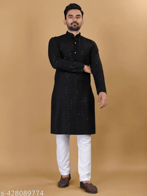 "ONLY KURTA" Men's Sequence Chikankari Embroidered Straight Kurta.