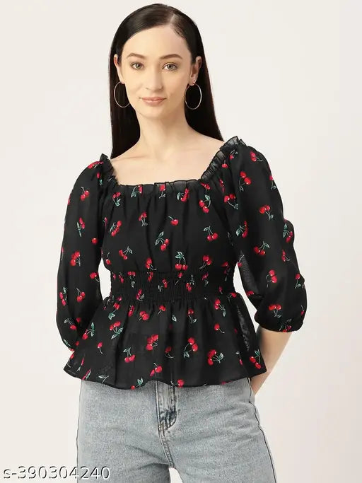 Slenor Women's Floral Black Black Tops & Tunics