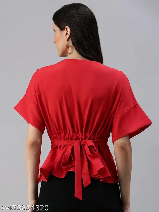 SHOWOFF Women's Solid V-Neck Red Peplum Top