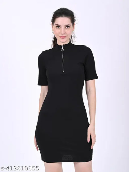 NoBarr Women's Polyester Short Sleeves High Neck Zip Detail Ribbed Sheath Mini Black Dress