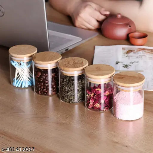 220 ML Airtight clear glass storage canister with wood lid food storage container jar with sealing bamboo lid for kitchen storage and multipurpose use, set of 3