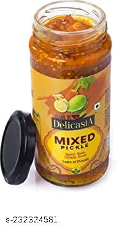 DELICASIA Gold Mixed Veg Pickle 250 gm Brand of SR's. DELICASIA GOLD Mixed Veg Pickle has become the taste of paradise, made with freshness of Lemon, Carrot, Mango, Ginger, Green & Red Chilly. This mixed pickle will take care of your health as well.