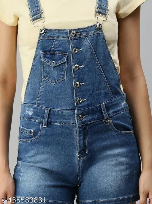 SHOWOFF Women's Solid Blue Denim Dungaree