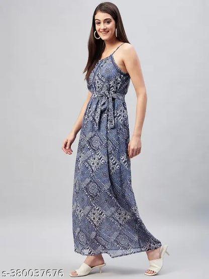 Rare Women Casual Blue Colour Maxi Abstract Dress