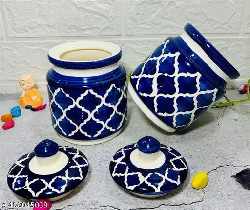 Ceramic Handcrafted Multi Utility Storage Jar with Lid 500 ml set of 2| Ceramic Kitchen Canister | Cookie Jar | Pickle Storage Jar | achar Burni | color - Blue(pack of 2-500gram &500ml approx)