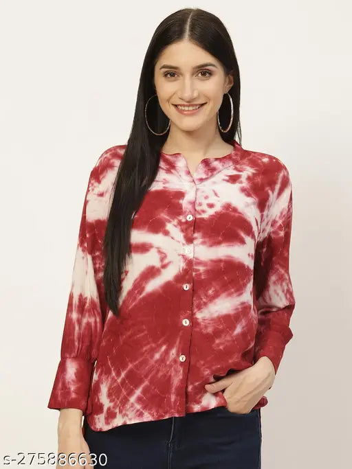 Brick Red & White Tie Dyed Loose Fit Rayon Buttoned Shirt