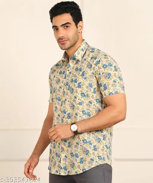 Xenor Men's Floral Spread Collar Yellow Shirts