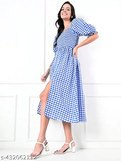 Puff Sleeves Smocked Front Slit Midi Dress(BLUE)